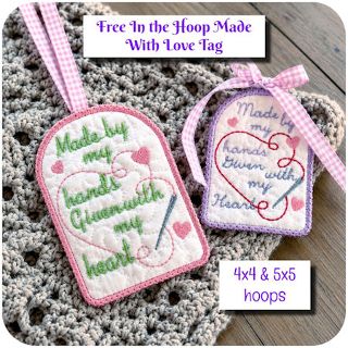 Free In the hoop Made with Love Gift Tag